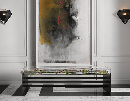Marble inlay floor with modern artwork in Houston, TX