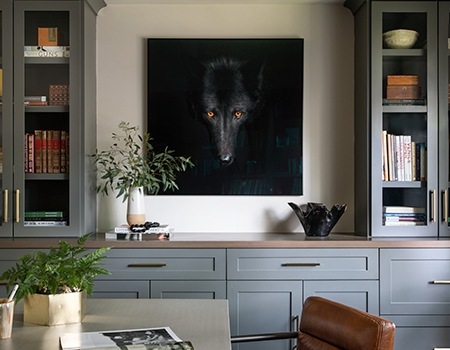 Black wolf painting detail in a custom home office in Houston, TX